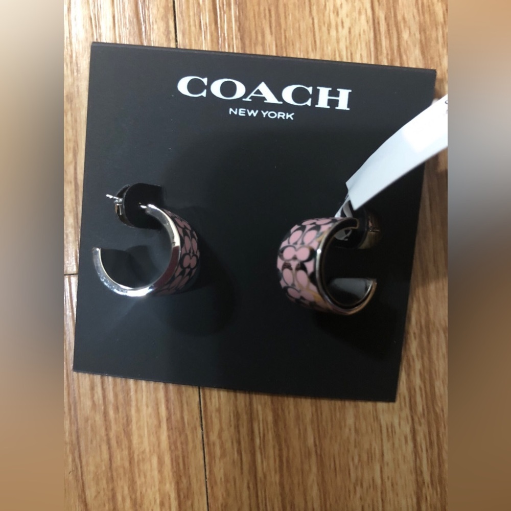 Coach silver plated pink monogram half moon stud earrings‎ NEW - Picture 6 of 8